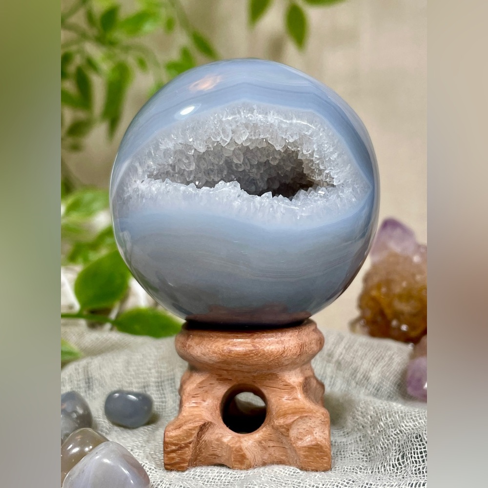 2330 Blue Agate Crystal Sphere with Druzy Cave